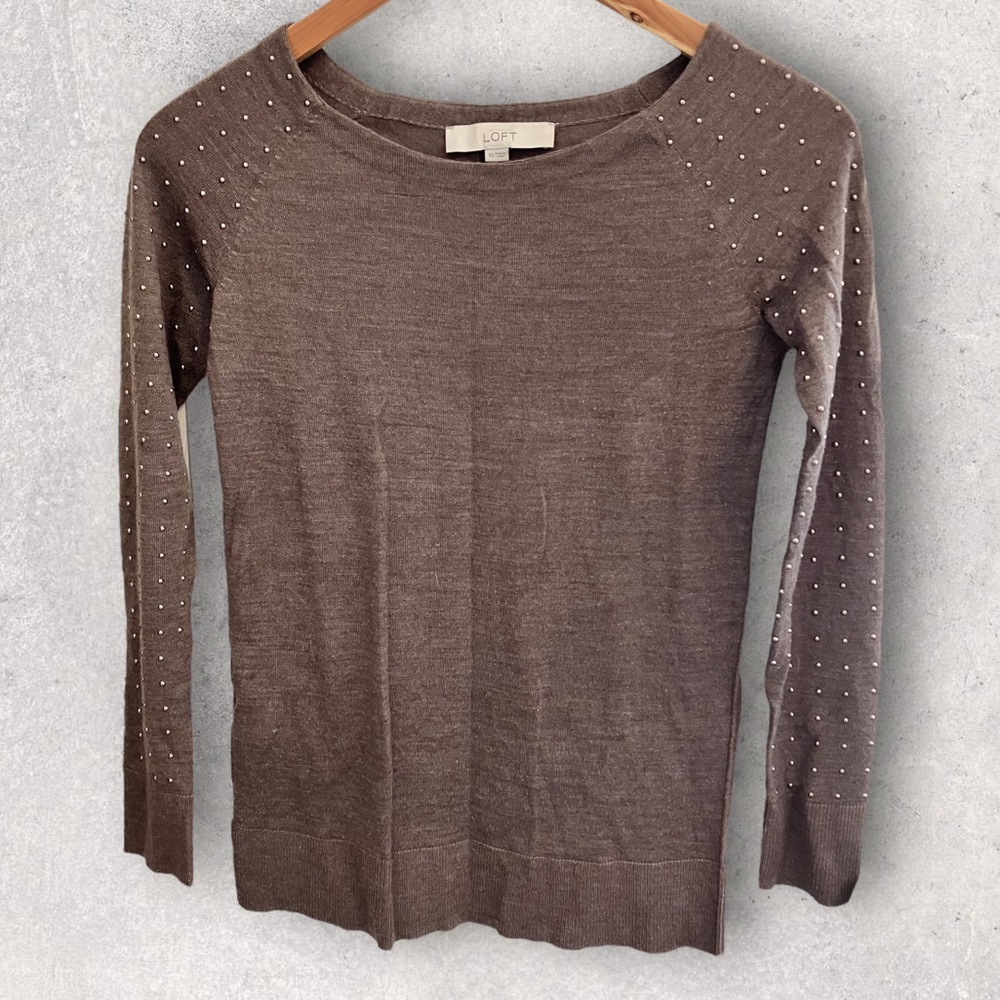 LOFT XS brown purple studded wool blend sweater EUC